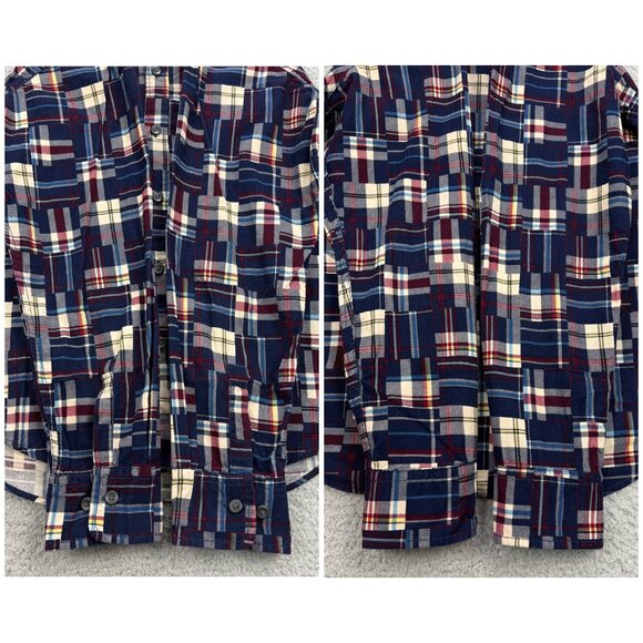 Uniqlo Shirt Men Extra Small XS Navy Blue Plaid Flannel Patchwork Button Up Polo - Picture 8 of 10